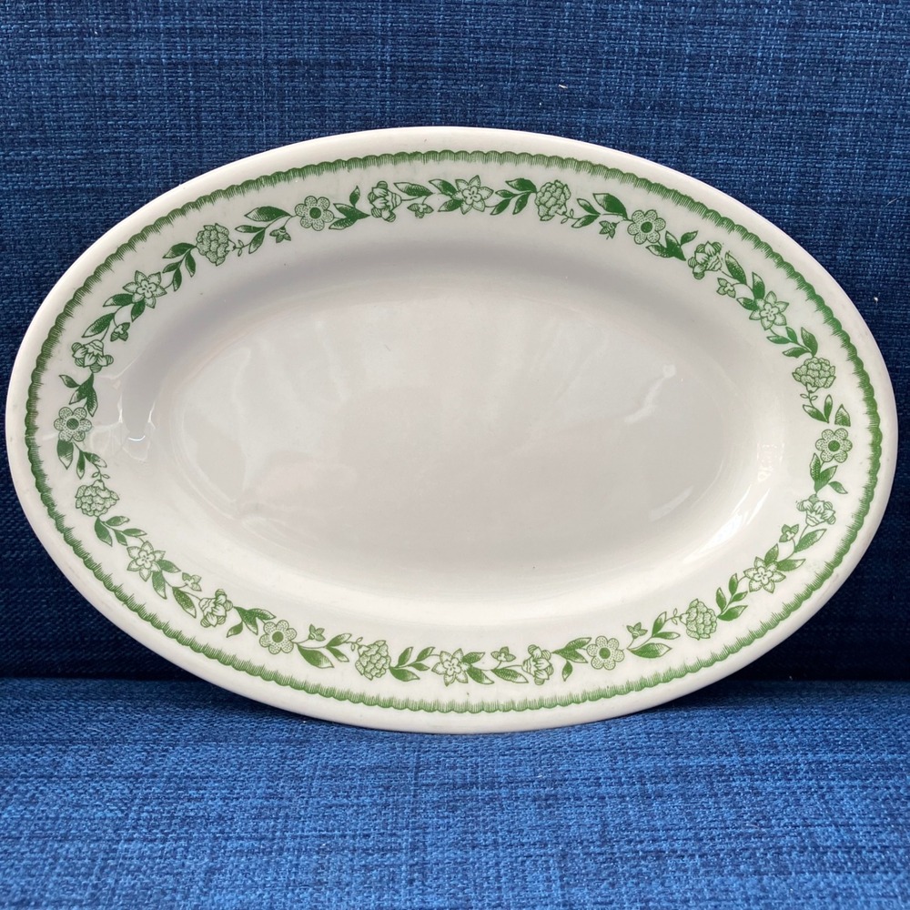 Buffalo China Oval Platter 9.5" White Green Floral Vintage Restaurant Ware